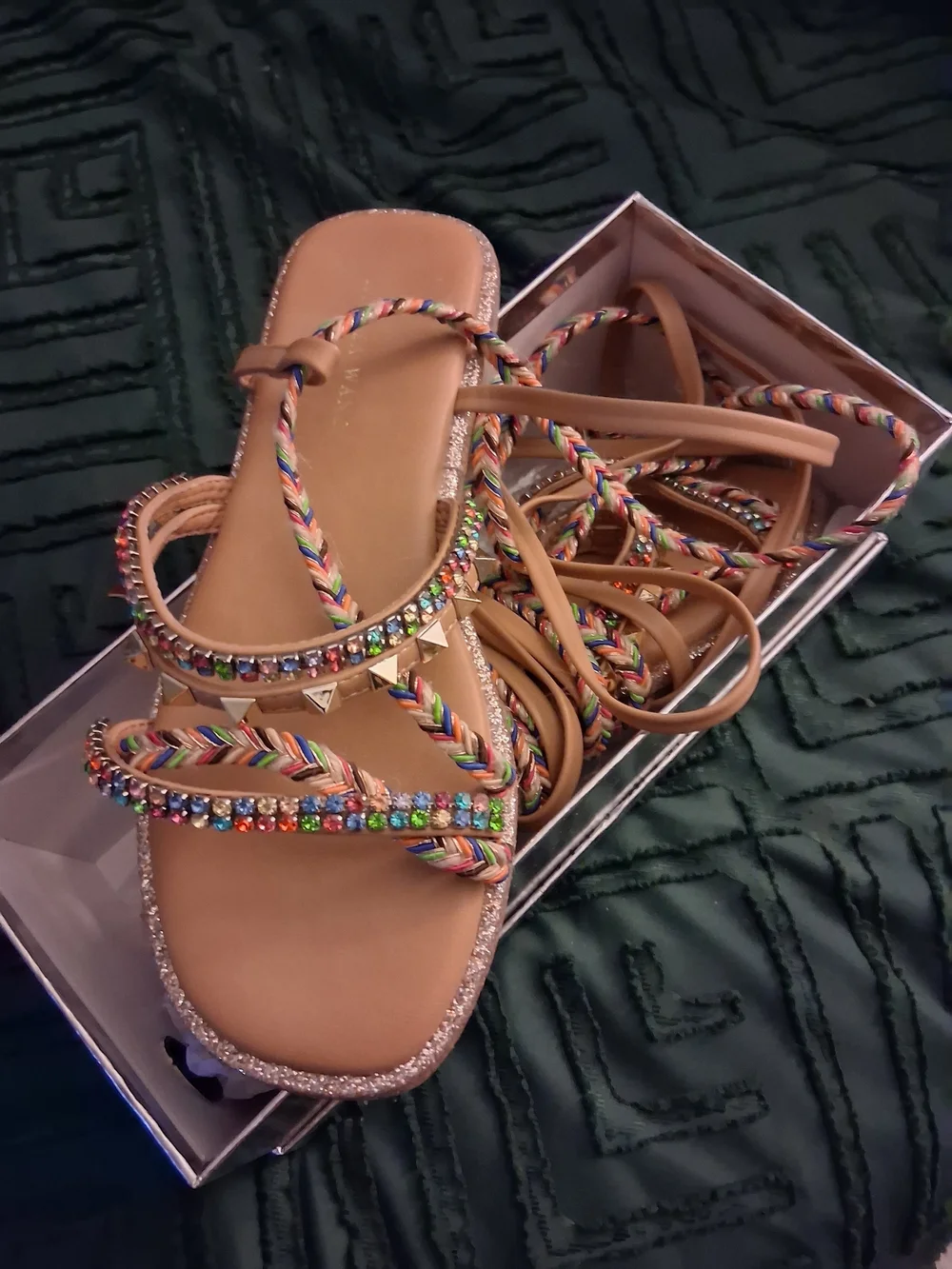 AKIRA Gold Multicolor Braided Gemstone Wrap Sandals
